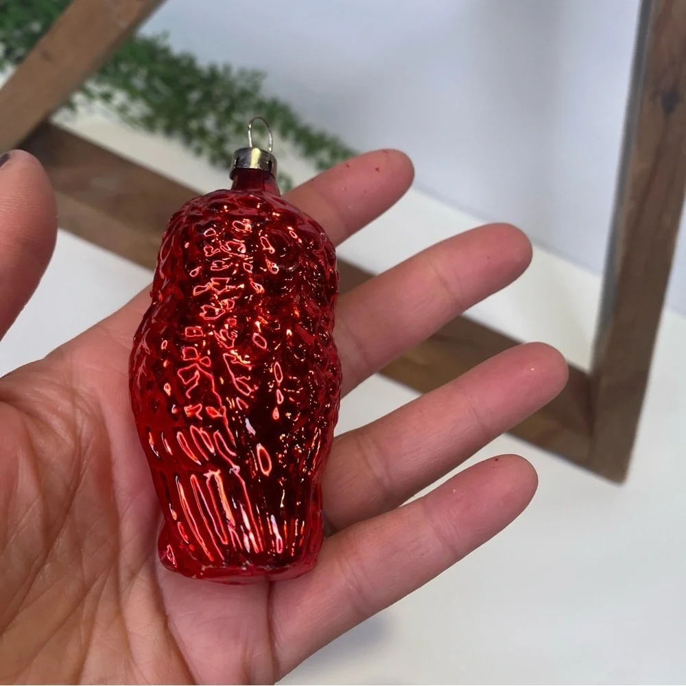 Vintage Red Hand Blown Glass Owl Ornament Made in Czechoslovakia Big White Eyes